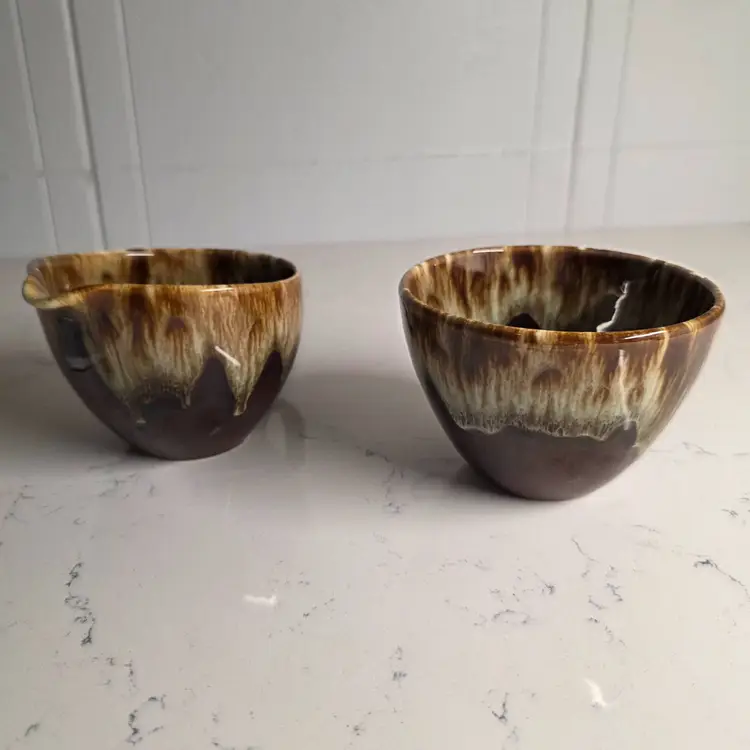 Vintage Brown Drip Pottery Creamer and Sugar Bowl Set (sugar bowl does not include lid).