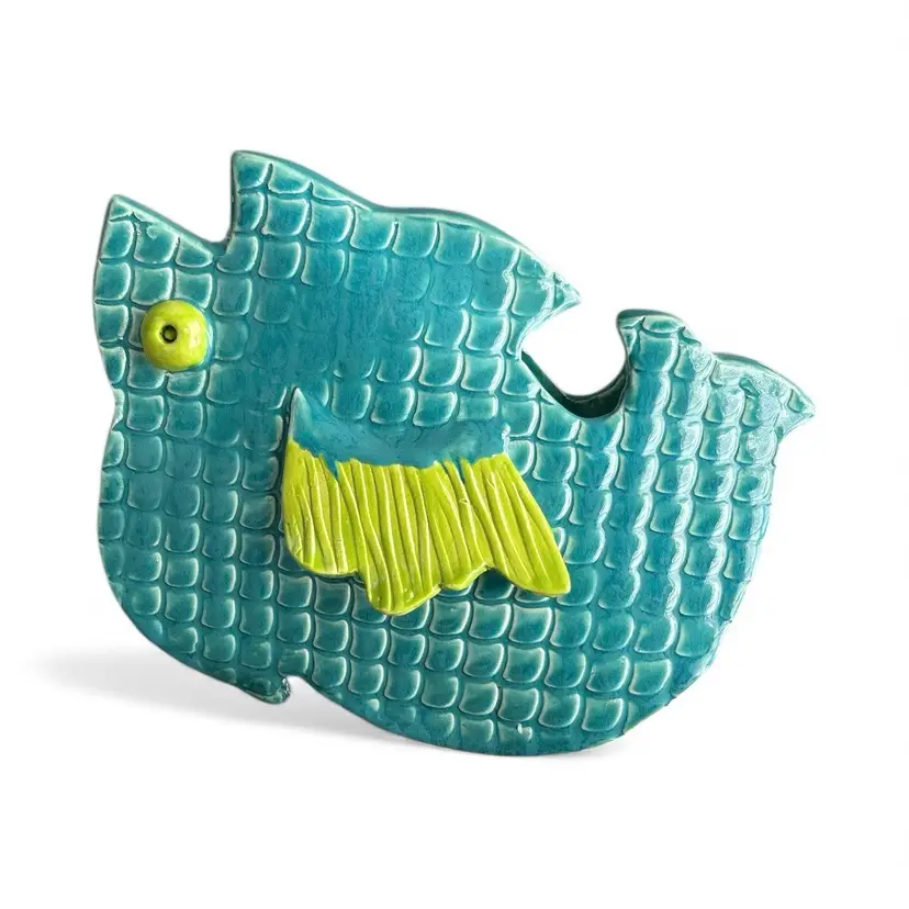 Teal And Neon Green Clay Pottery Fish Figurine
