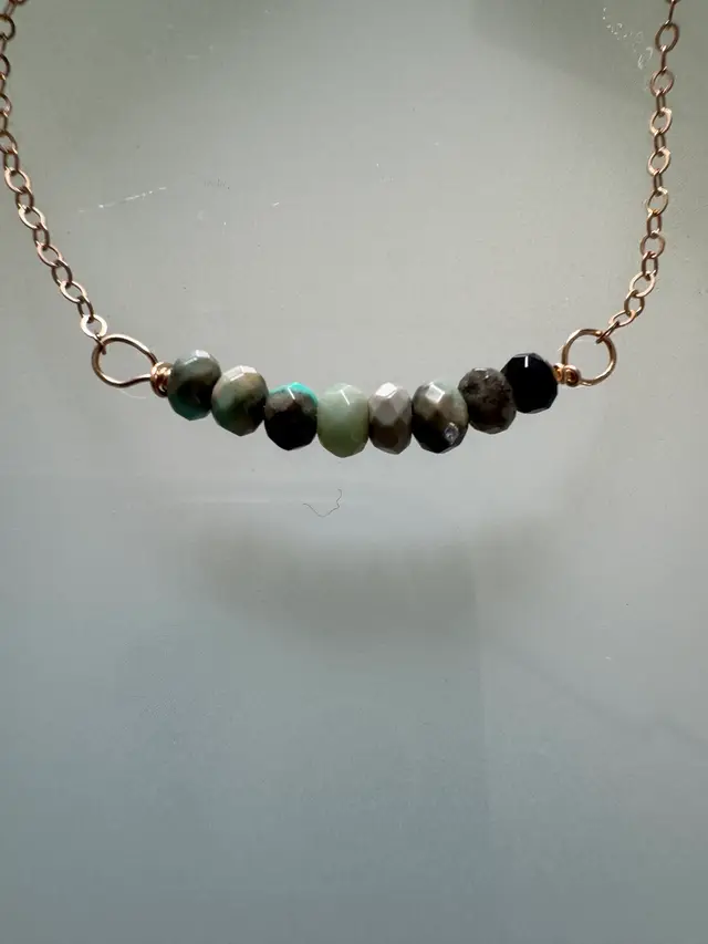 #46 African Turquoise Gemstones Beads Centered On A Fine Dainty Gold Filled Chain Necklace 17”