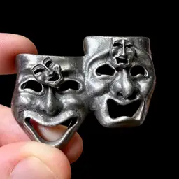 Vintage Comedy Tragedy Mask Brooch & Earring Set, Pewter Metal Silver Tone