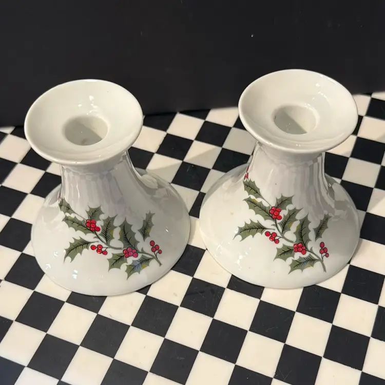 Vintage Christmas Holly Berry Candle Holder Set