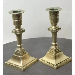 Vintage Pair Solid Brass Candle Holders 6” Tall Art Deco Style