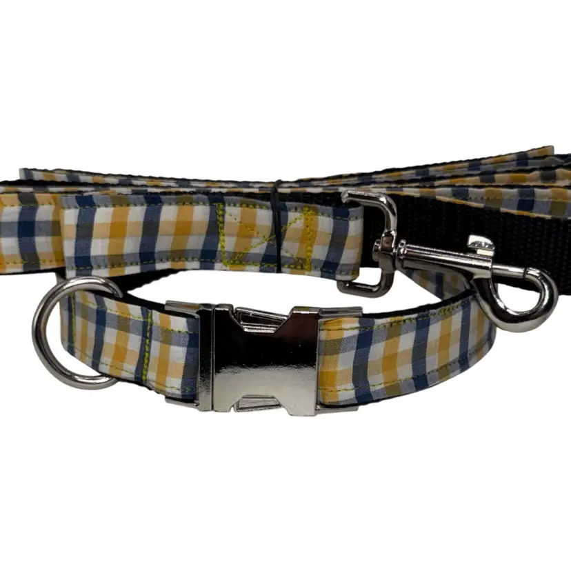 Dog Collar & Leash Plaid Yellow & Blue Large Handmade Heavy Duty Metal Buckle New