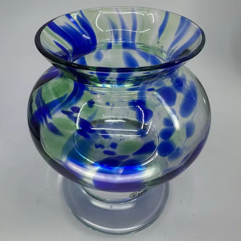 Sea of Sweden Bjorn Ramel Blue Green Art Glass Footed Candle Holder 4.5”