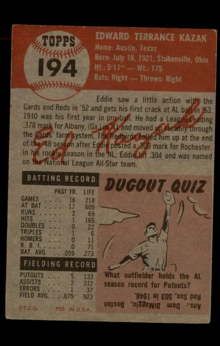 1953 Topps #194 Eddie Kazak - (pk-tl1) - Detroit Tigers
