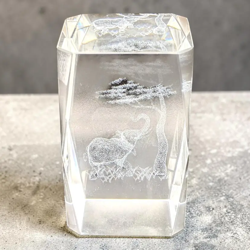 3 D Laser Etched Glass Crystal Block Elephant Trunk Up Under Tree Paperweight