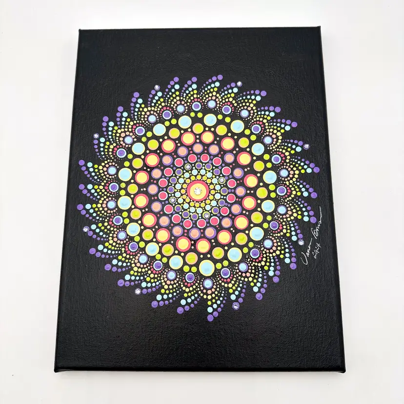 Rainbow Dot Mandala Swarovski Crystal Accents Hand Painted