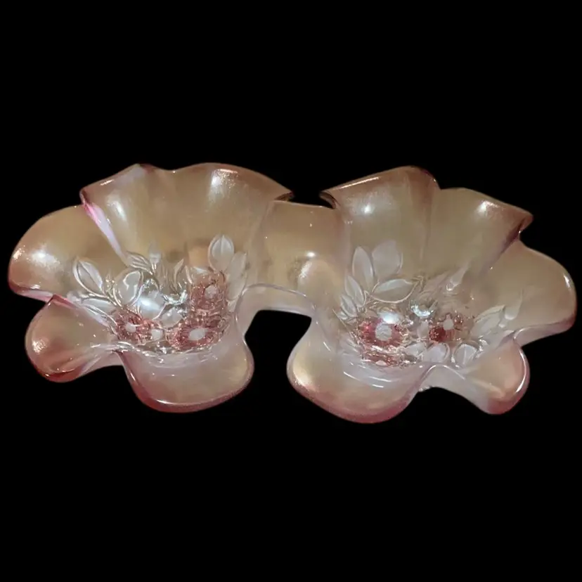 Gorgeous Vintage Mikasa Rosella. Pink Floral Ruffled Rim Double Sided Serving Dish. Embossed With Frosted Leaves & Pink Hues With  Floral Flowers Under Neath. Great For Relishes, Candy / Mints  / Nuts . And Even Floating Candles & Floating Flower Tops. Gorgeous Piece!!!