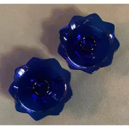 Vintage 2 Fenton Lotus Flower Cobalt Blue Candle Stick Holder