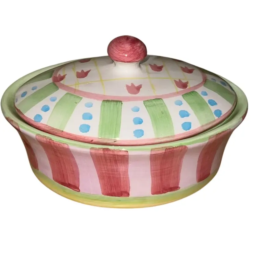 Small Ceramic Lidded Casserole 7” Pink And Green Tulips