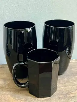 Black Glass Arcoroc France Octime Drinking Mug and Drinking Glasses