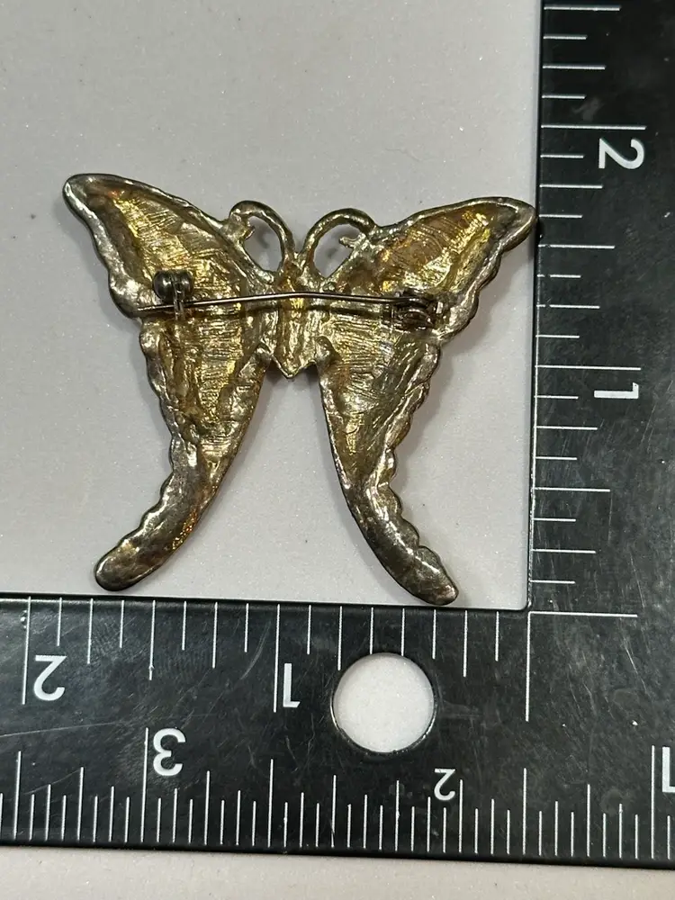 butterfly brooch with pink and orange enamel and rhinestone detailing