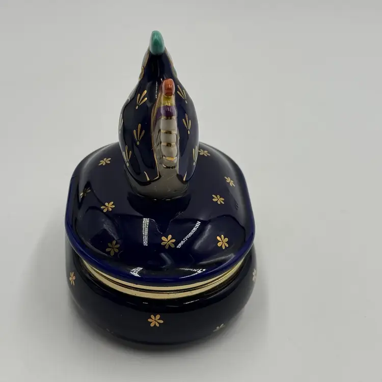 Vintage Takahashi Japan Porcelain Chicken Rooster Jewelry Trinket Box Blue Gold AS IS