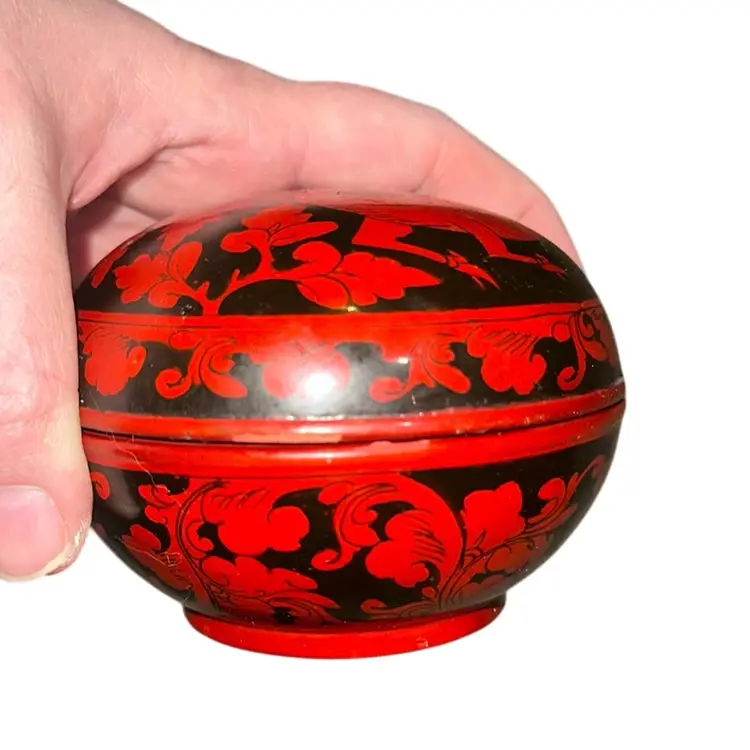 Vintage Hand Painted Japanese Lacquer Round Box Red Black Deer and Floral Design Japan