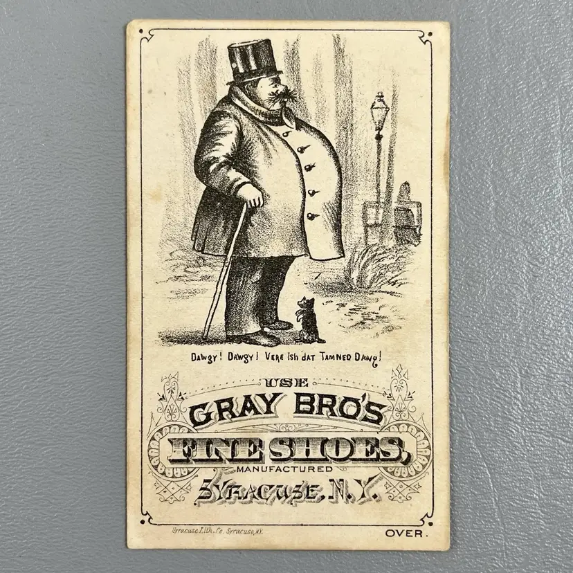 Victorian Trade Card Gray Bros Fine Shoes Syracuse NY Fat Man Tiny Dog Dawgy 2.75x4.75"