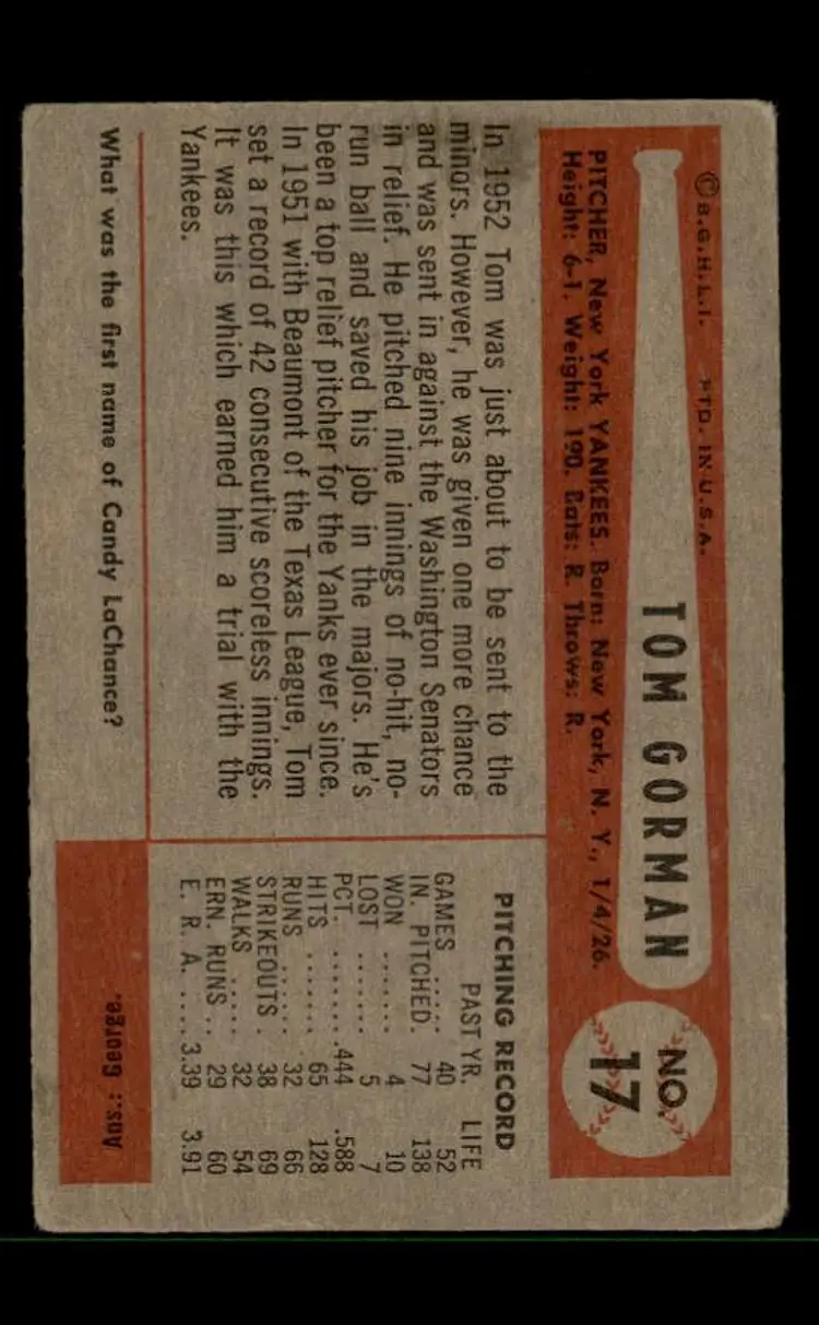 1954 Bowman #17 Tom Gorman - (pk-tl3) - New York Yankees