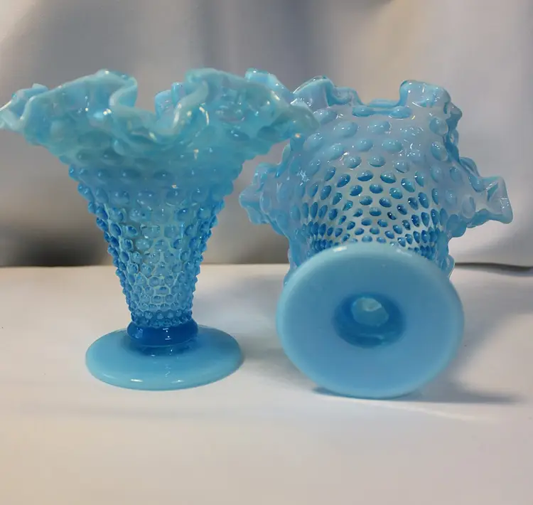 Pair Vintage Fenton Blue Opalescent Double Ruffled Hobnail Vases