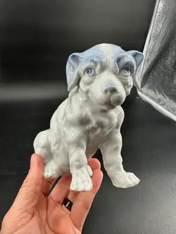 #13 Vintage Blue White Sitting Dog. 5” Tall
