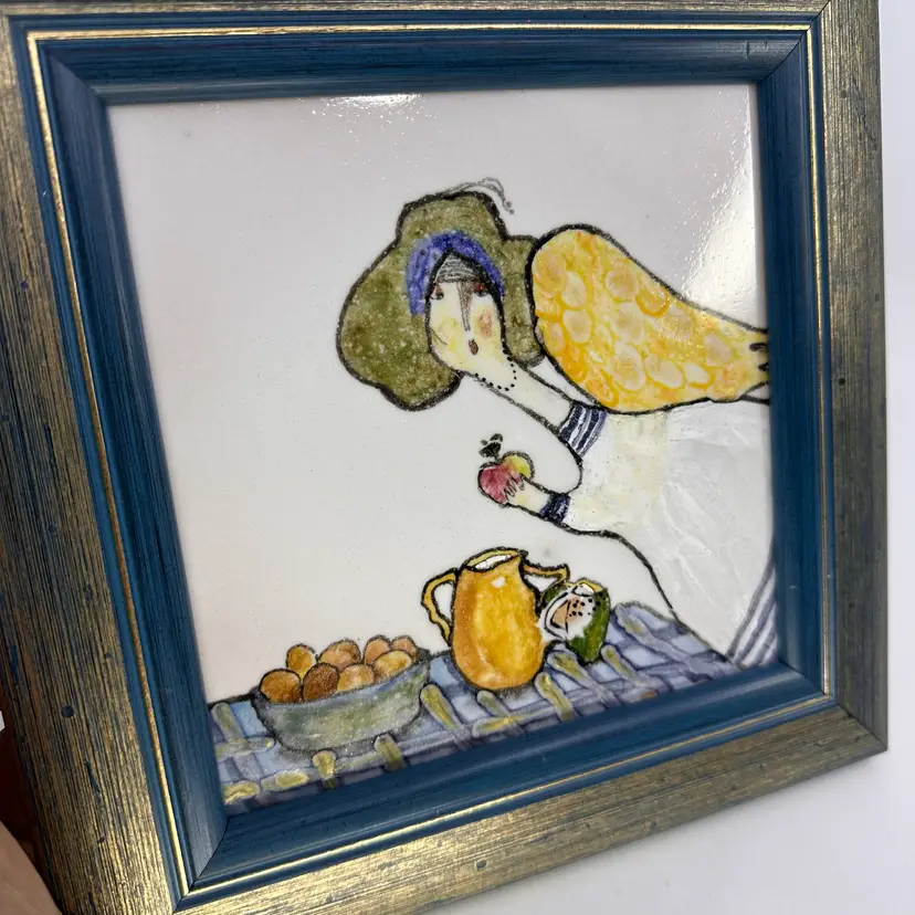 Artist Painted Whimsical Framed Tile - Poland?