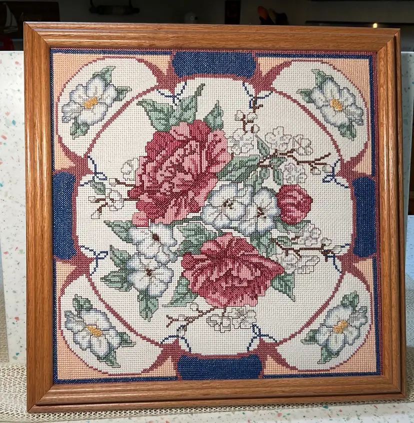 #01 Counted cross stitch pink and white flowers 13.5x13.5”