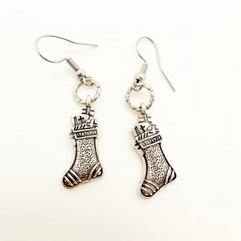 Christmas Earrings Silver Tone Stockings Handmade
