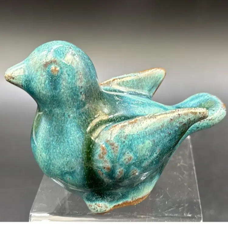 Pottery Bluebird With Drips Of Green Done With Brown Clay Well Done, Peace Of Art.