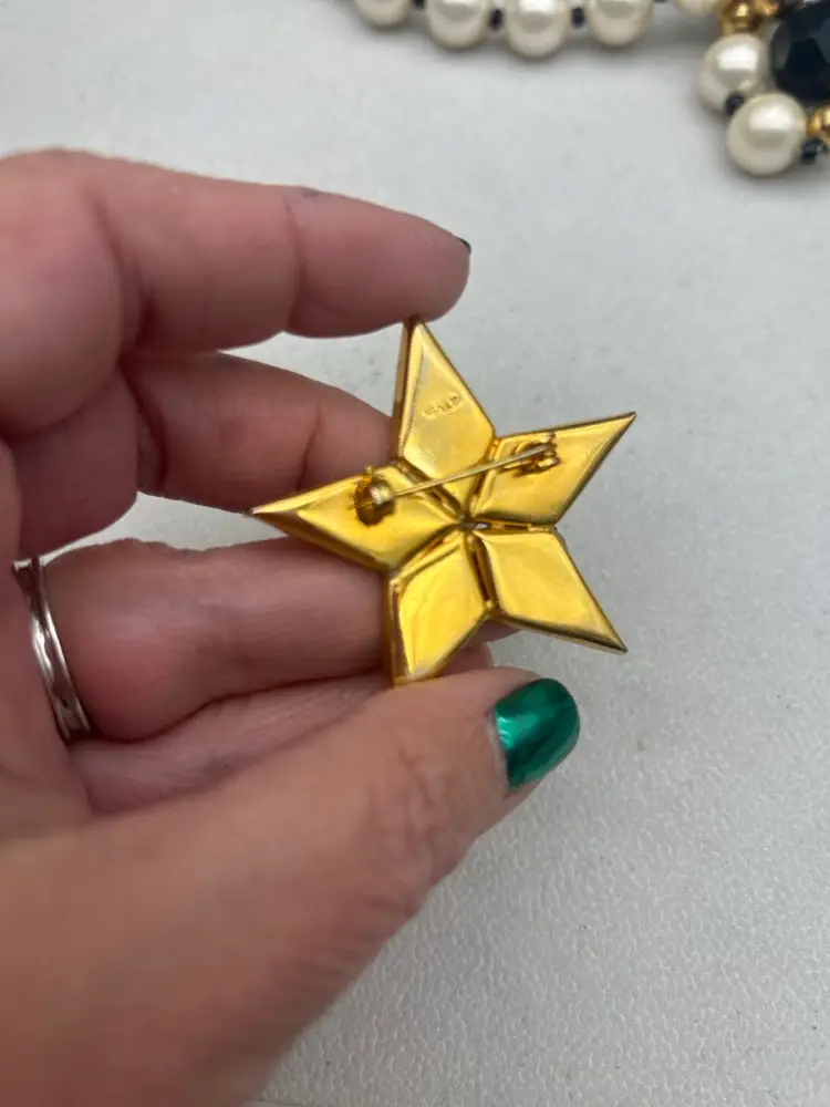Vintage Multicolor Mosaic Star Brooch | Gold Tone Statement Pin | 2 Inch Mid-Century Style