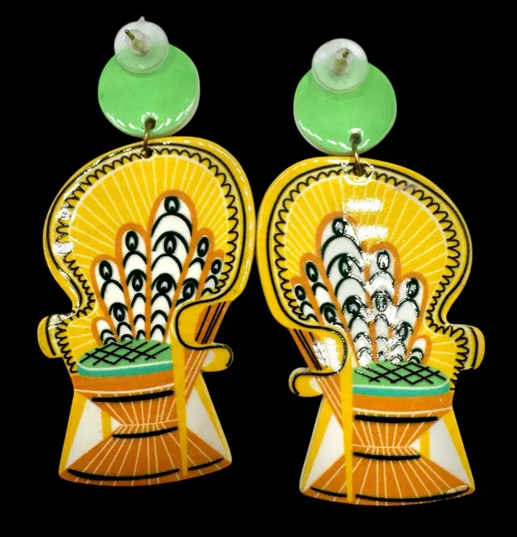 Relic 828 Dangle Statement Earrings Peacock Chair Retro 70’s Boho Acrylic 2.75”