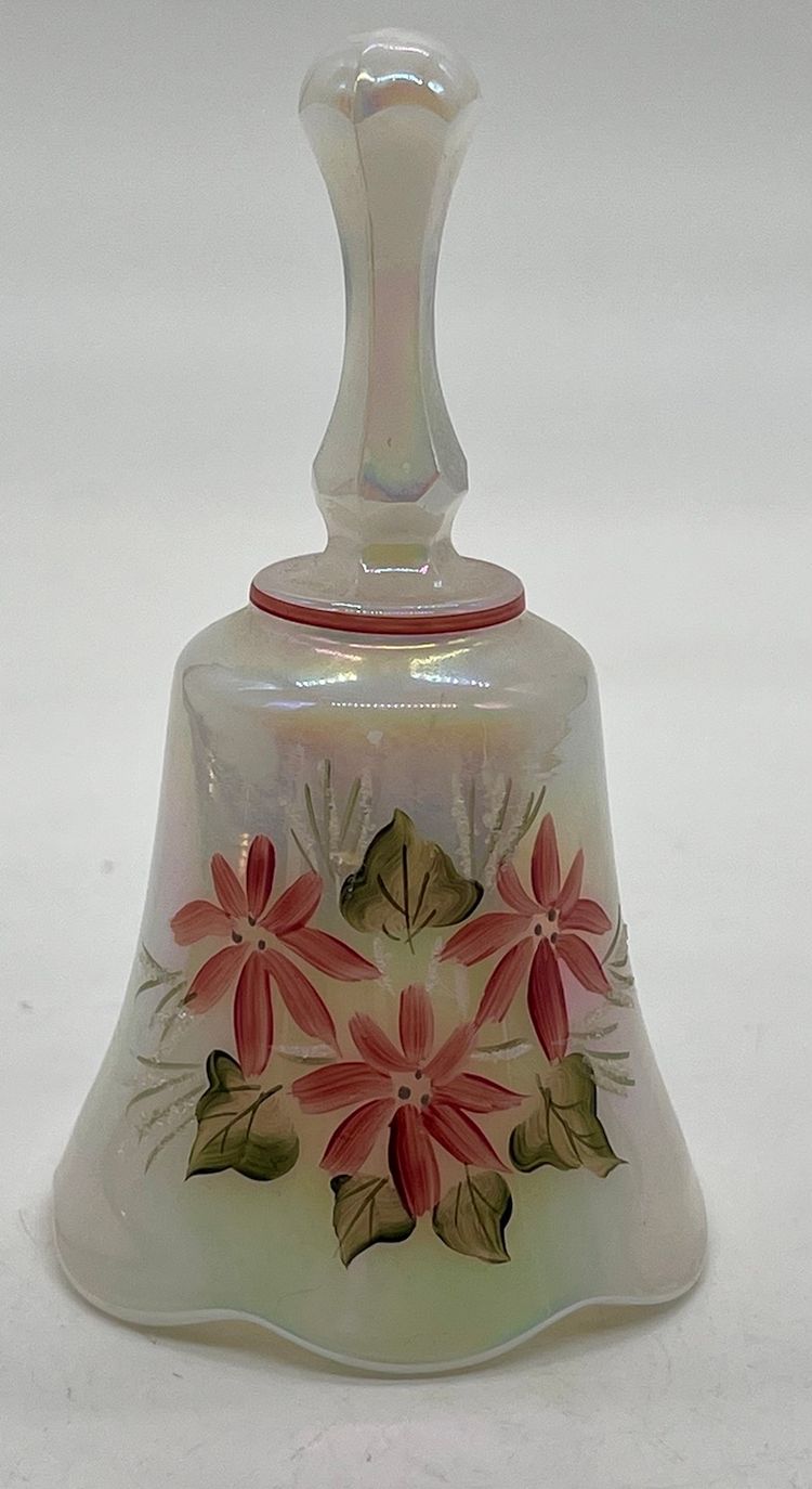 Vintage 1991 Fenton Pearlized Poinsettia Signed Hand V. Gherke Painted Bell