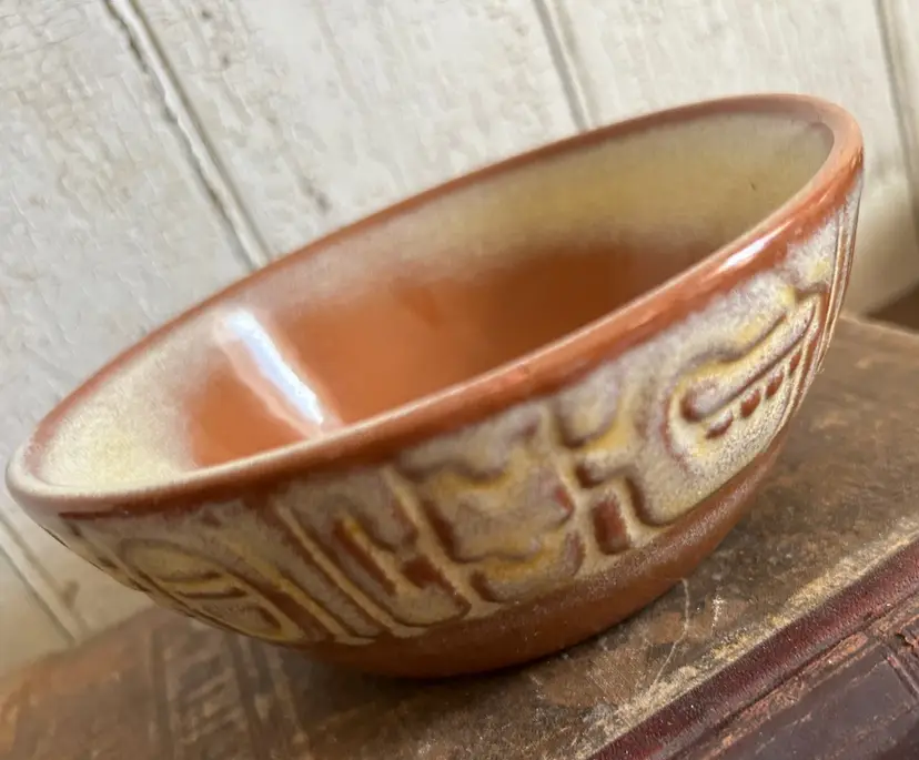 Vintage Frankoma Soup Cereal Bowl Brown Gold Aztec 1960s