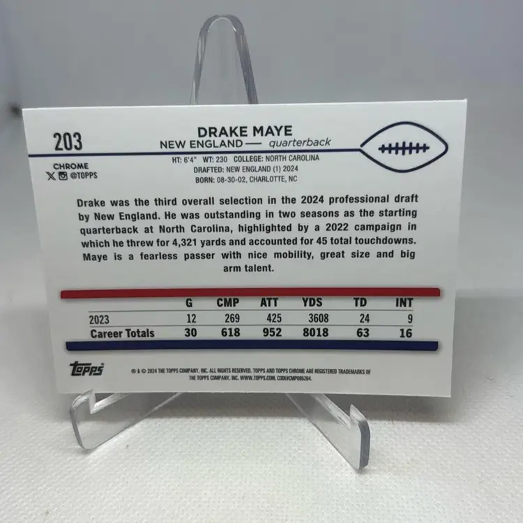 2024 Topps Chrome-Drake Maye  Chrome RC #203 New England Patriots