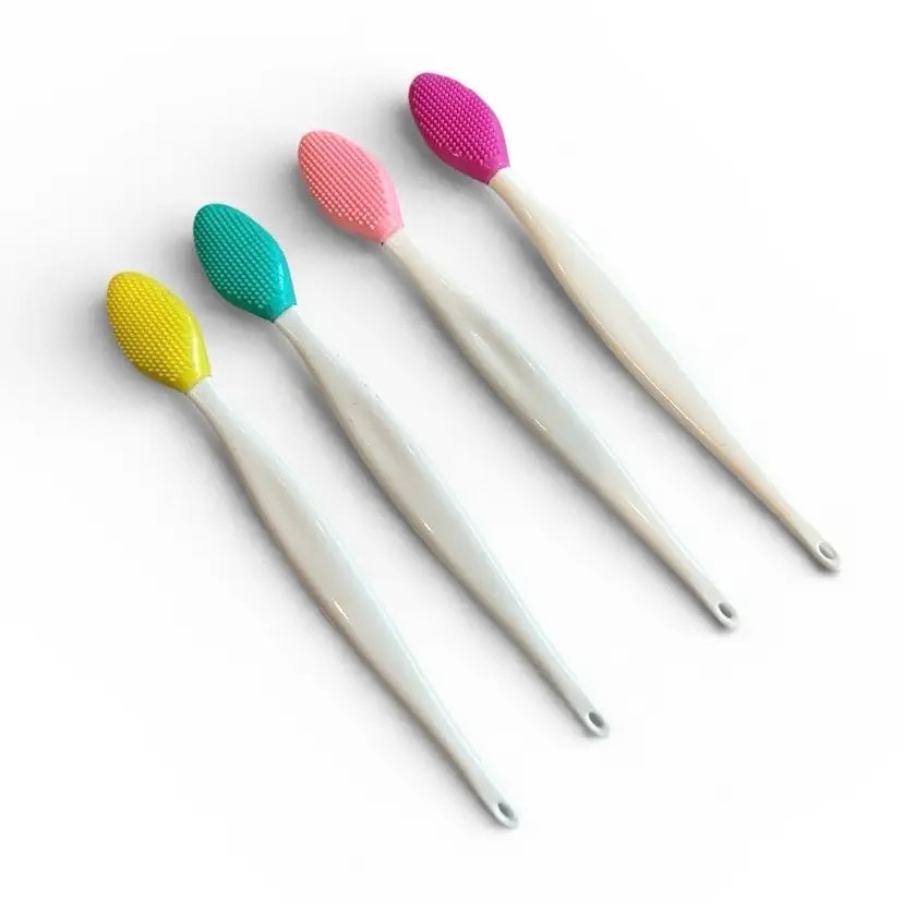4 Long-Handle Silicone Facial Cleansing Brushes – Soft Exfoliating Face Scrubbers in Vibrant Colors (Yellow, Teal, Pink, Purple)