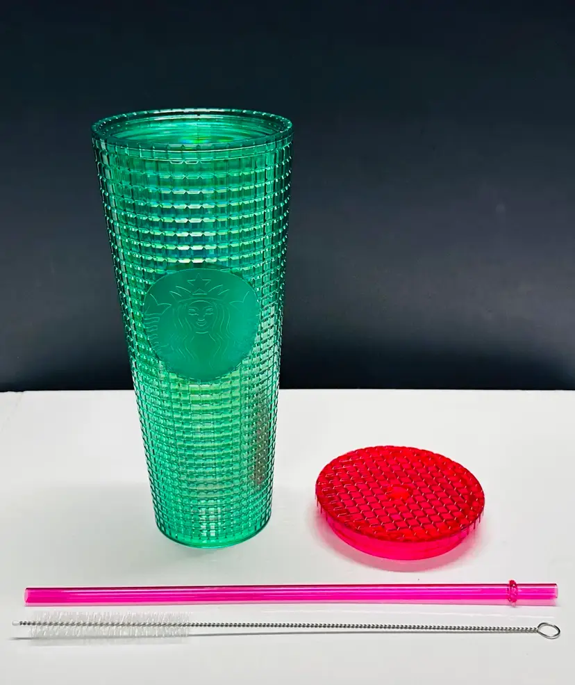 2021 Starbucks Tumbler Green & Red Studded 9” Cold Beverage 24oz New 
Straw & Brush