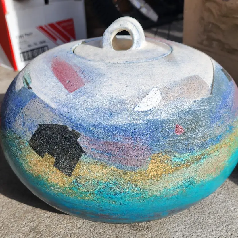 Handmade Signed Jerry Mashinot Multi-Color Raku Pottery Lidded Large Jar/Urn