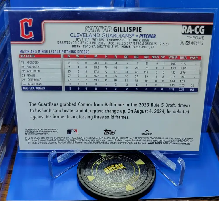 Connor Gillespie 2025 Topps Chrome Rookie RC Auto #RA-CG Cleveland Guardians