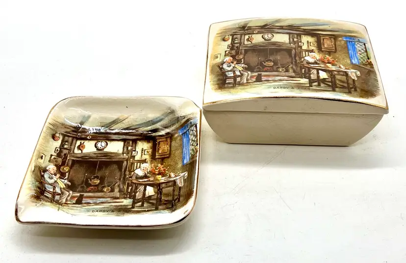 Vintage Lancaster England Cigarette Box And Ashtray Darby And Joan Fireside 