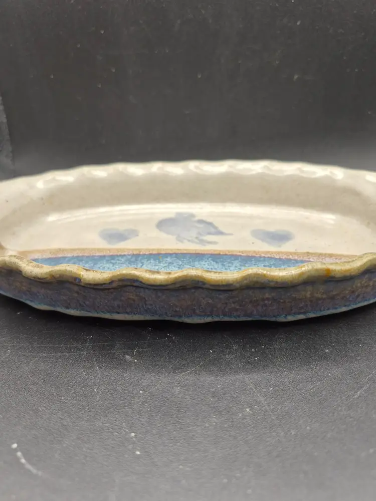Handcrafted Neher 1991 Bluebird & Heart Pattern Ceramic Oval Serving Dish