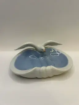 Vintage Nautical Bird Soap Dish Catchall Trinket Holder Seagull Blue White Ceram