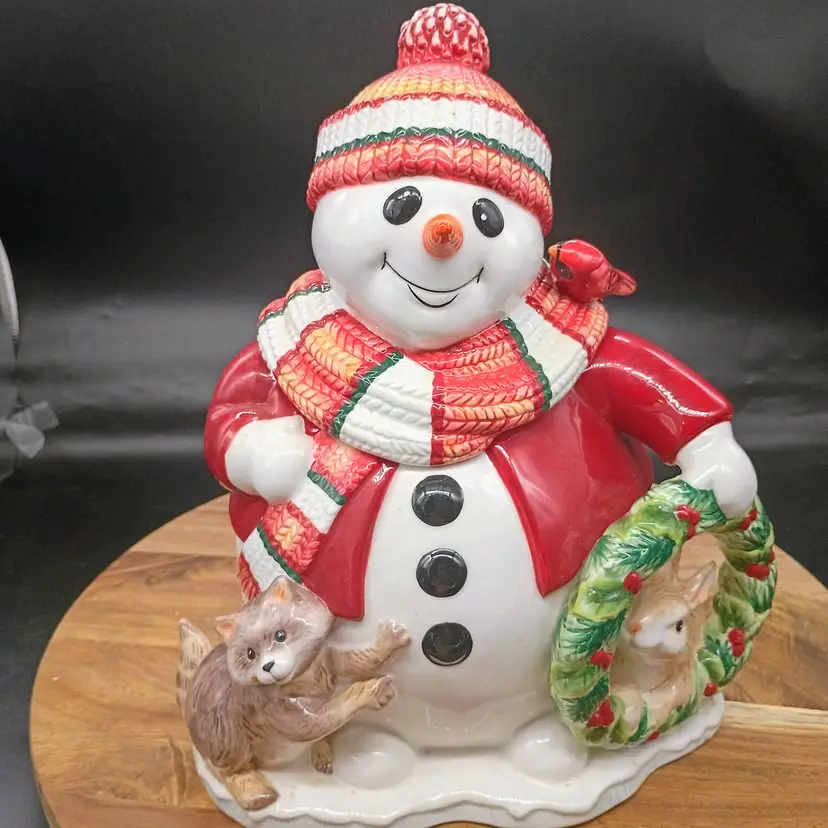 Fitz and Floyd Christmas Cookie Jar Woodland Snowman Retired Holiday VTG 2003