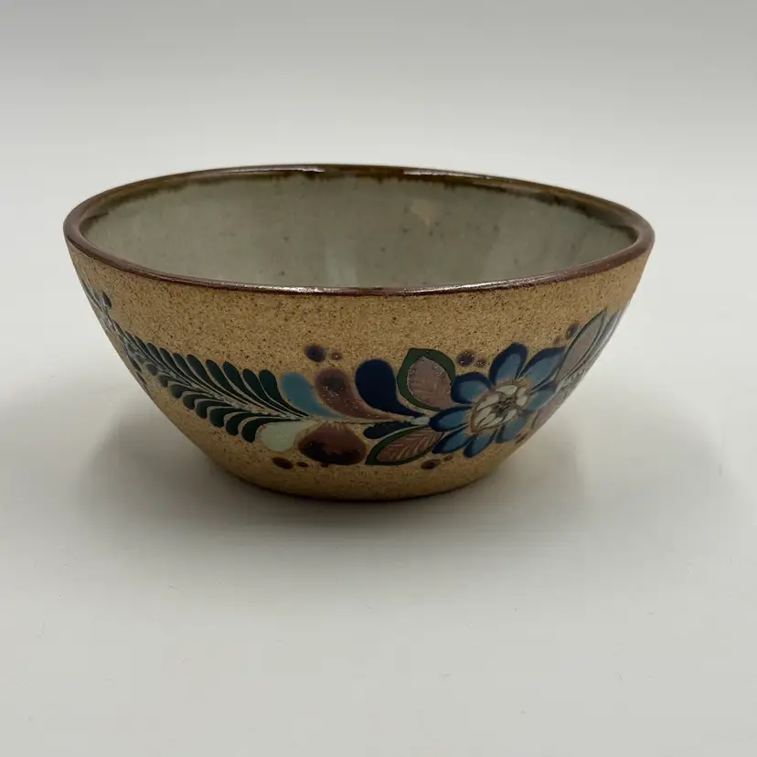 Tonala Stoneware Vintage Netzi Mexican Folk Art Pottery Bowl Blue Floral