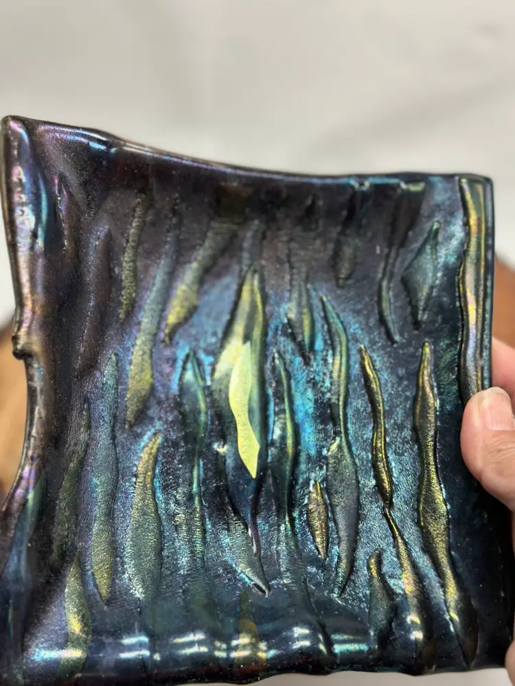 Dichroic Art Glass Fused Irridescent Metallic Swirls Deep Plate Display Bowl Signed