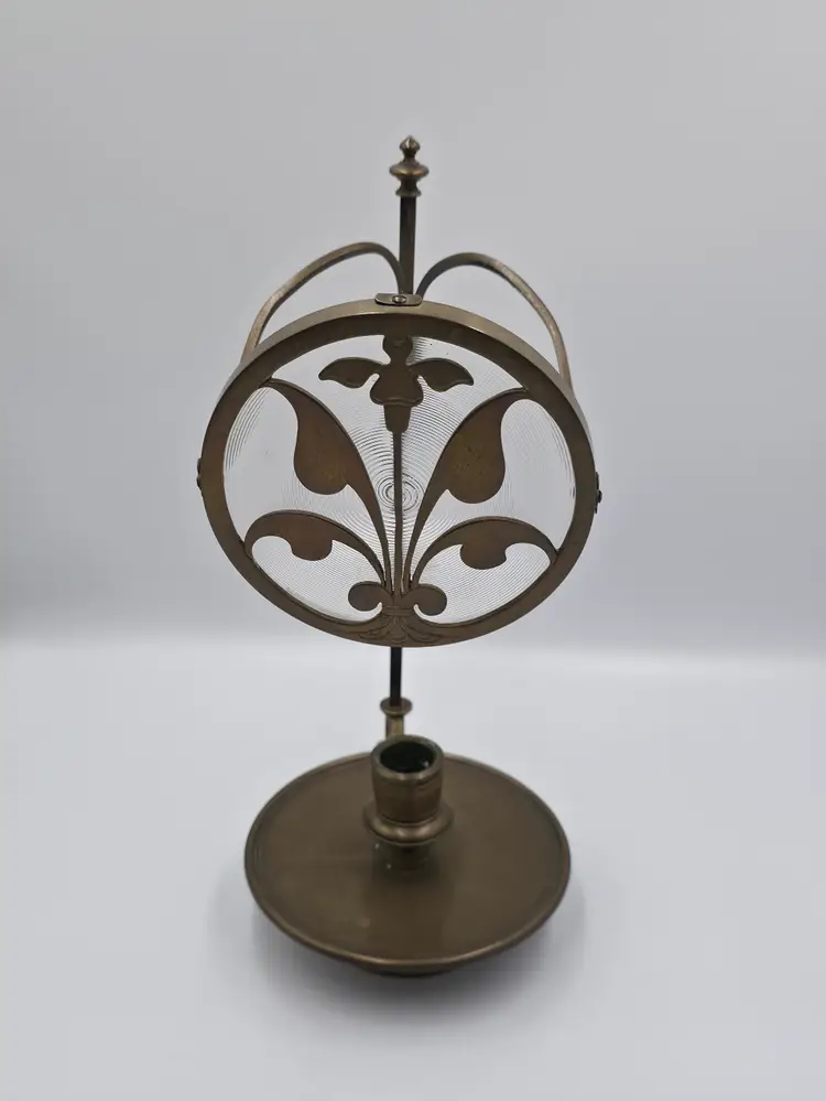 #01 Antique Adjustable Brass Tone Candle Holder With An Ornate Art Nouveau Style Glass Screen
