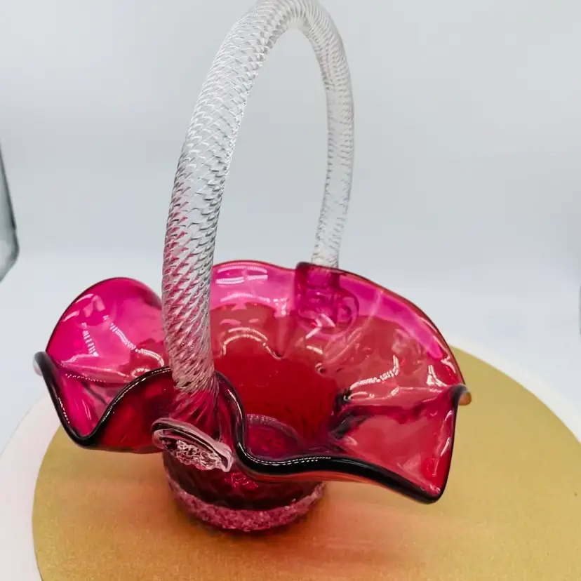 #0415 Cranberry Pink  Clear Etched Braided Handle Glass Basket Canada