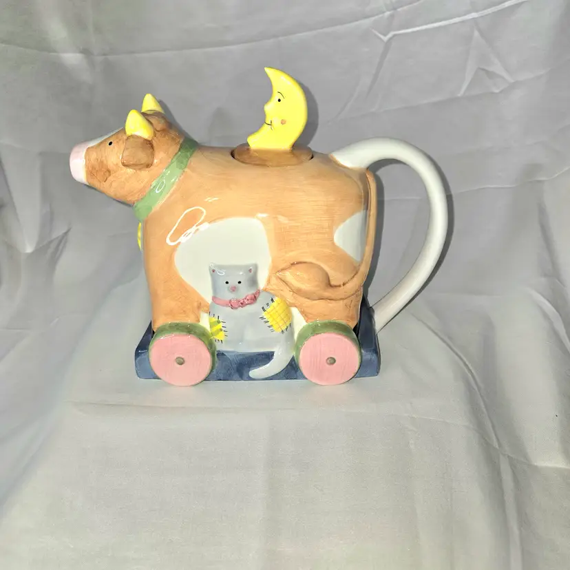 45  Teapot Ceramic "Cow on Wheels" w/ Half Moon Lid Whimsical Signed Winget