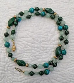 Vintage Hand Knotted Natural Stone Necklace in Shades of Green and Turquoise