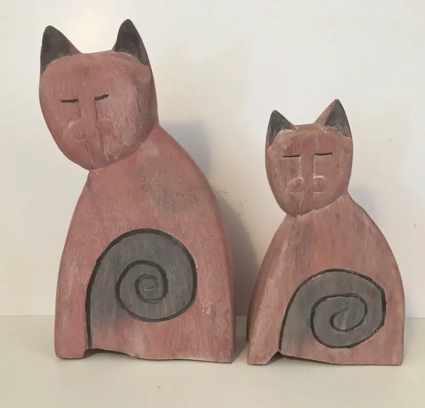 Pair (2) Wooden Hand carved cats Kittens Figurines Statues Purple