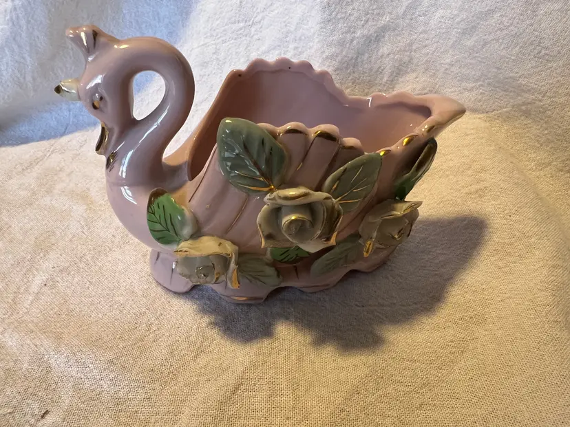 Pink Swan ceramic planter MCM with applied flowers