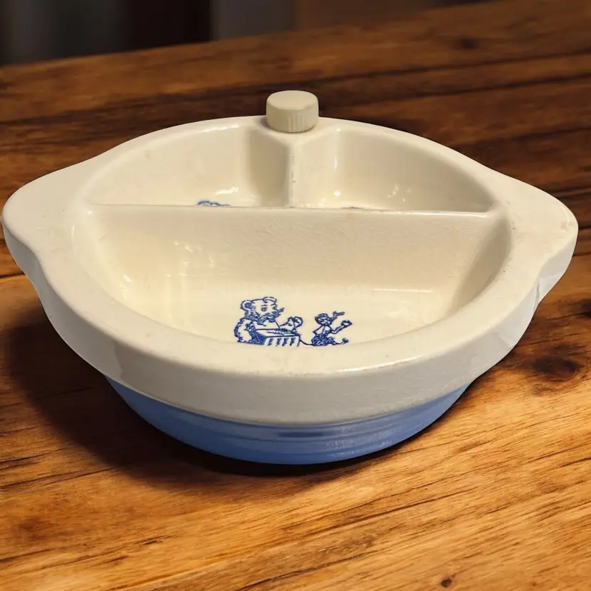 Vintage 1940s Excello Baby Bear Pottery 3 Sectioned Hot Water Warming Dish
