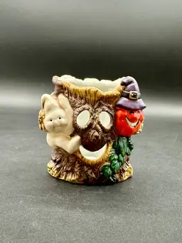 #01 - Spooky Sweet Porcelain Hand Painted Halloween Tree Trunk Votive Holder Ghost Witchy Pumpkin Accent 4”T 3”W 1998