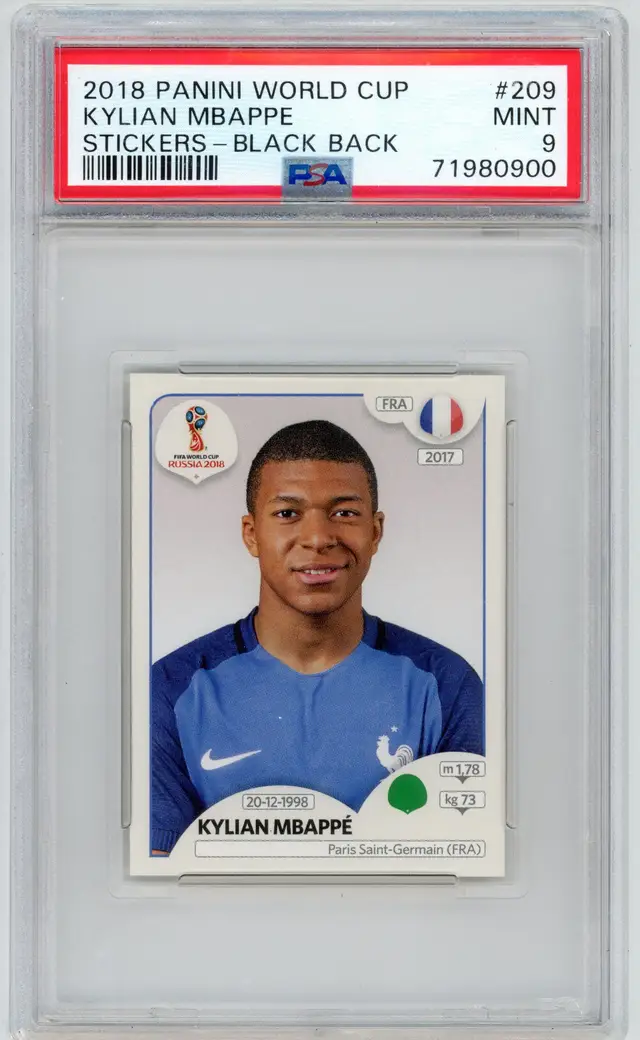 2018 Panini World Cup KYLIAN MBAPPE RC Rookie Stickers Black Back #209 PARIS SAINT-GERMAIN PSA 9 MINT